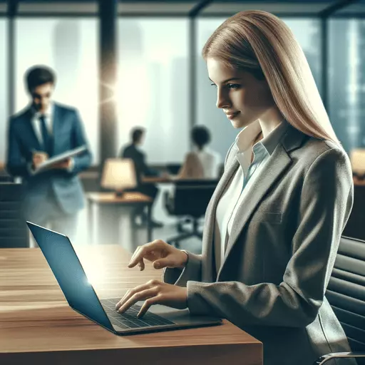 Junge blonde Geschäftsfrau vervollständigt effizient den Buchungsprozess auf einem Laptop, Thema 'Geschäftsadresse in wenigen Schritten buchen', Gründerschmiede Remscheid