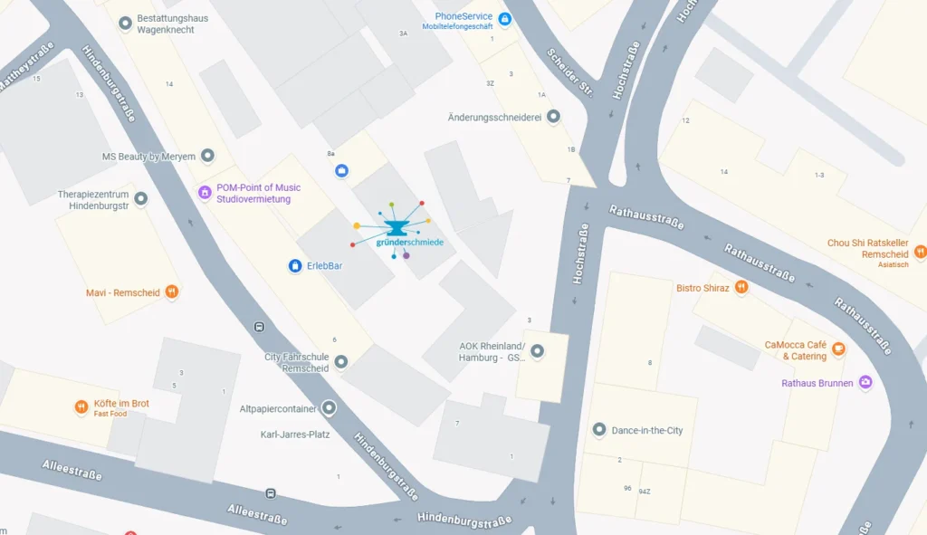 Kartenansicht mit markiertem Standort für Coworking, Teammeeting und Besprechungsräume – Gründerschmiede Remscheid e.V., Remscheid, Solingen, Wuppertal