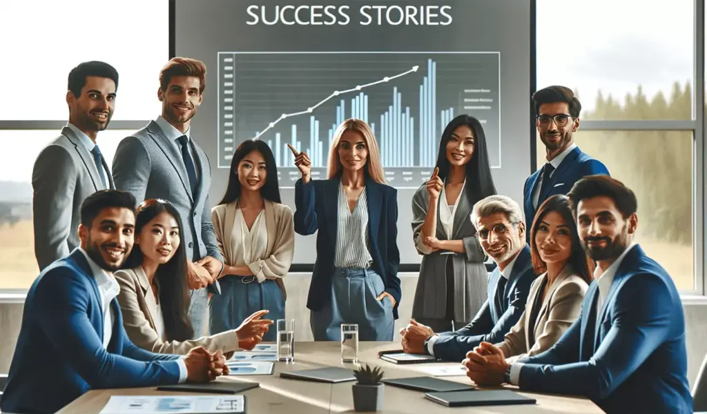Gruppe erfolgreicher Unternehmer teilt ihre Erfolgsgeschichten in einem modernen Konferenzraum, Thema 'Erfolgsgeschichten: Wie eine Geschäftsadresse Unternehmen transformiert hat', Gründerschmiede Remscheid