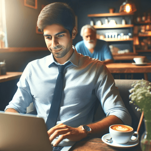 Junger Unternehmer arbeitet an einem Laptop in einem gemütlichen Kaffeehaus, Thema 'Einfache, kostenfreie Wege zur Verbesserung der Geschäftspräsenz', Gründerschmiede Remscheid